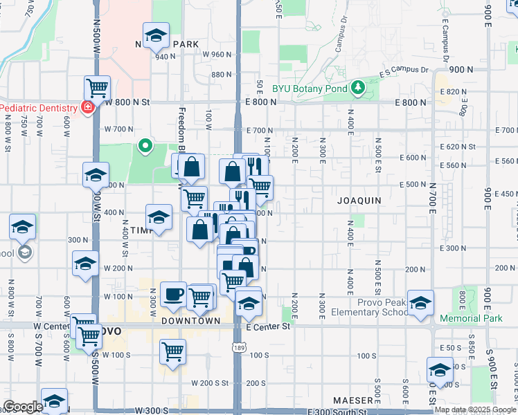 map of restaurants, bars, coffee shops, grocery stores, and more near 77 East 400 North in Provo