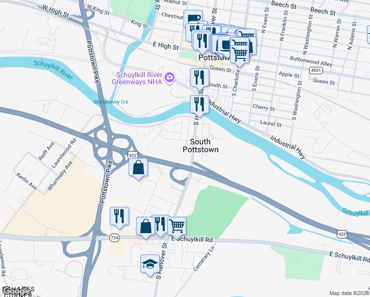 map of restaurants, bars, coffee shops, grocery stores, and more near 375 Coyne Alley in Pottstown