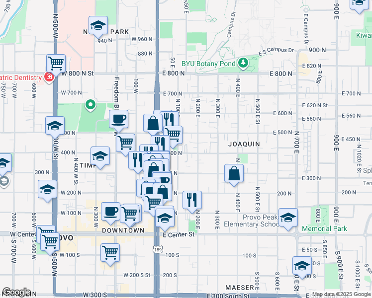 map of restaurants, bars, coffee shops, grocery stores, and more near 139 East 400 North in Provo