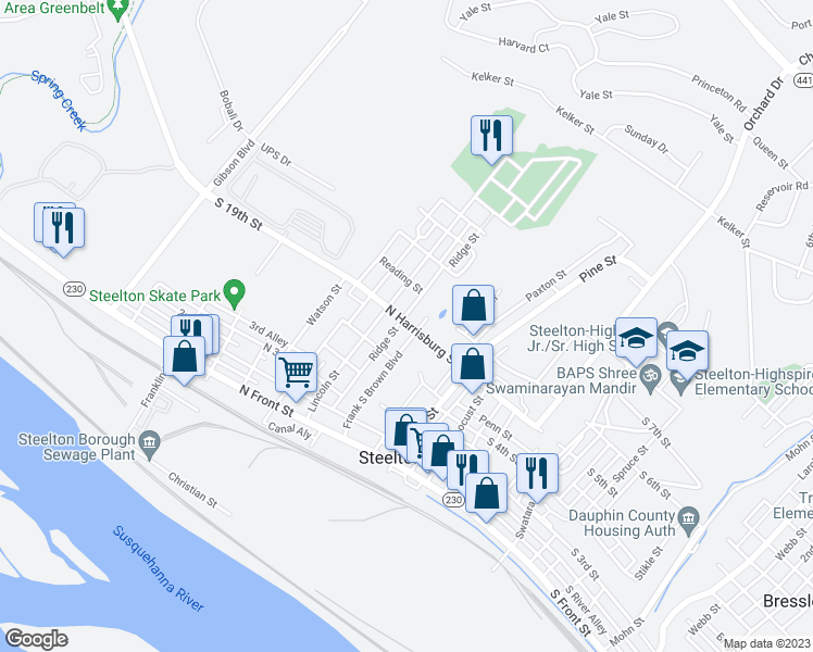 map of restaurants, bars, coffee shops, grocery stores, and more near 214 North Harrisburg Street in Harrisburg