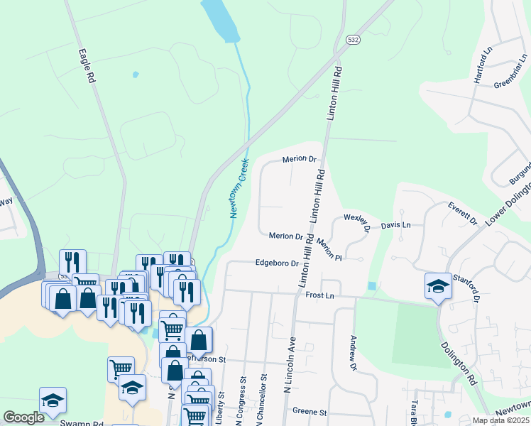 map of restaurants, bars, coffee shops, grocery stores, and more near 416 Merion Drive in Newtown
