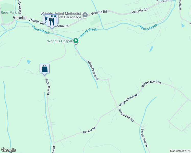 map of restaurants, bars, coffee shops, grocery stores, and more near 101 Mingo Church Road in Finleyville