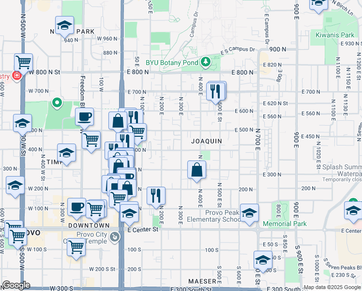 map of restaurants, bars, coffee shops, grocery stores, and more near 260 East 400 North in Provo