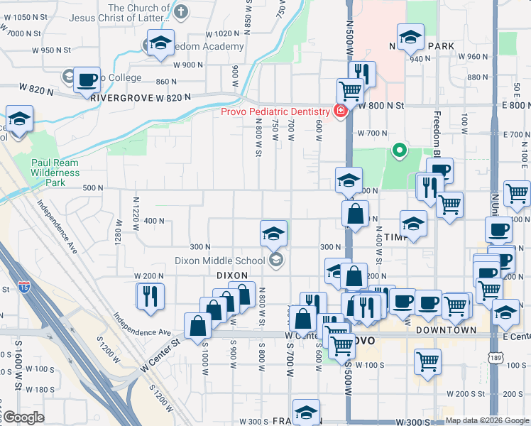 map of restaurants, bars, coffee shops, grocery stores, and more near 410 North 800 West in Provo