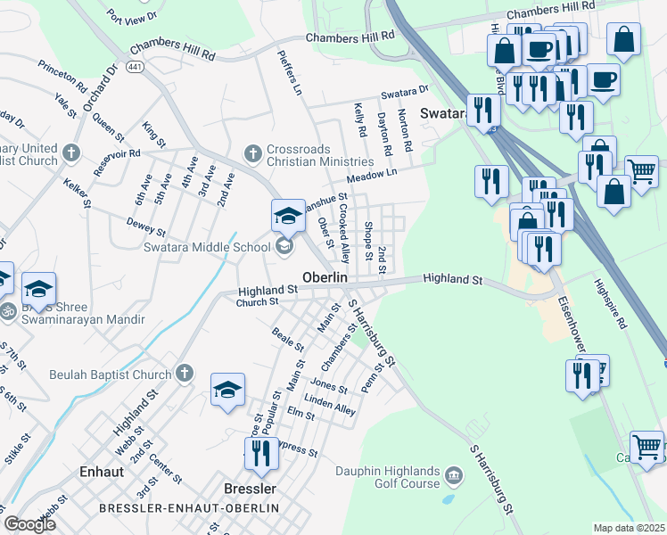 map of restaurants, bars, coffee shops, grocery stores, and more near 20 North Harrisburg Street in Bressler-Enhaut-Oberlin