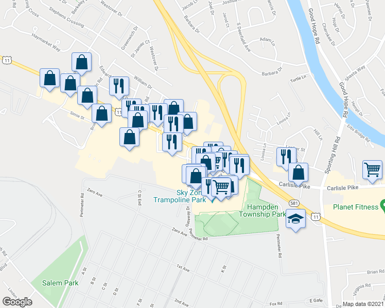 map of restaurants, bars, coffee shops, grocery stores, and more near 5318 Carlisle Pike in Cumberland County