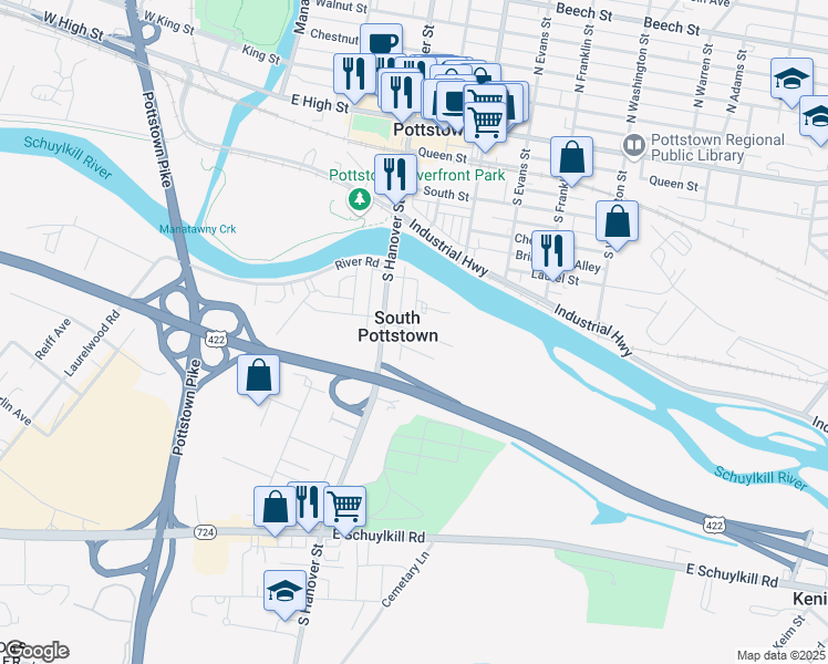 map of restaurants, bars, coffee shops, grocery stores, and more near 101 East Main Street in Pottstown