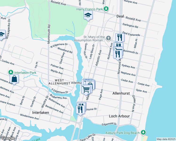 map of restaurants, bars, coffee shops, grocery stores, and more near 505 Cedar Avenue in Allenhurst