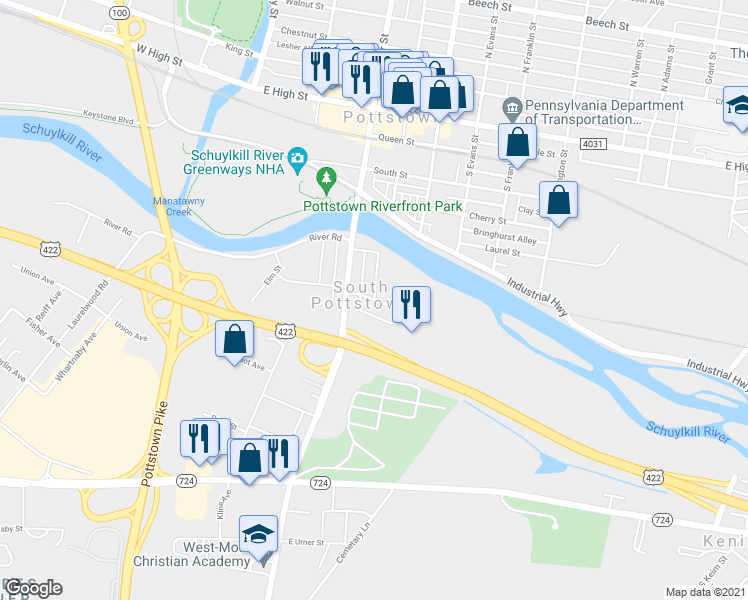 map of restaurants, bars, coffee shops, grocery stores, and more near East Main Street in Pottstown
