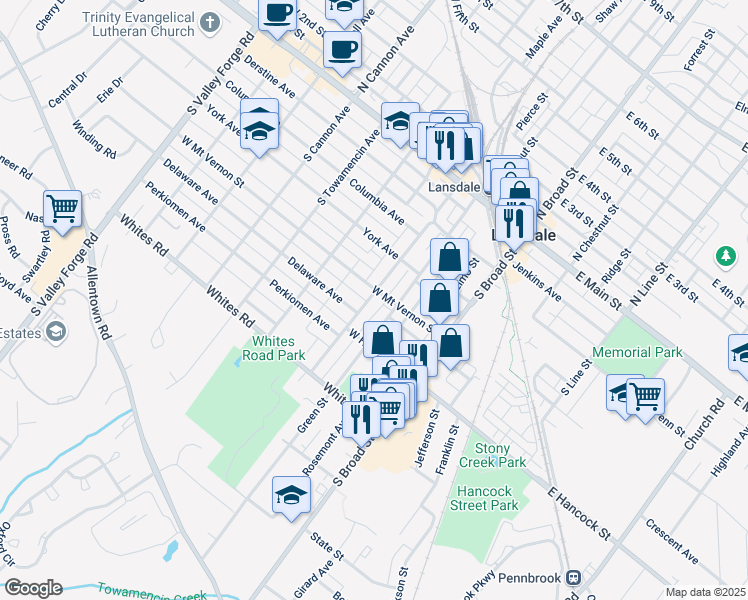 map of restaurants, bars, coffee shops, grocery stores, and more near 305 Susquehanna Avenue in Lansdale