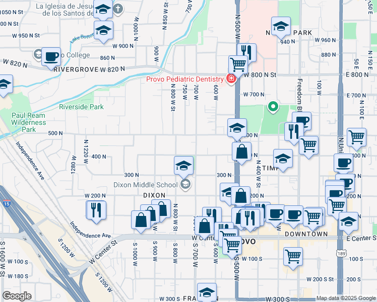 map of restaurants, bars, coffee shops, grocery stores, and more near 730 400 North in Provo