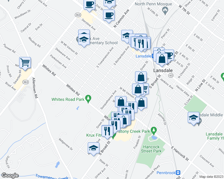 map of restaurants, bars, coffee shops, grocery stores, and more near 309 Delaware Avenue in Lansdale