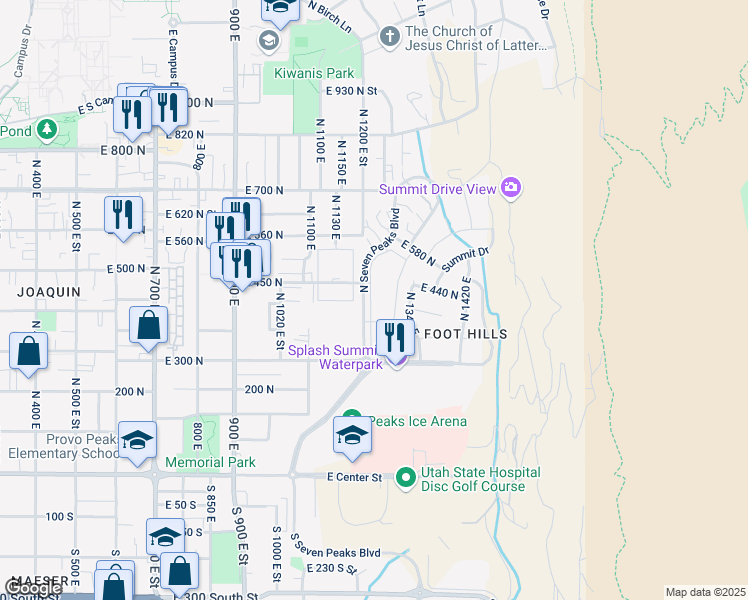 map of restaurants, bars, coffee shops, grocery stores, and more near 392 North Seven Peaks Boulevard in Provo