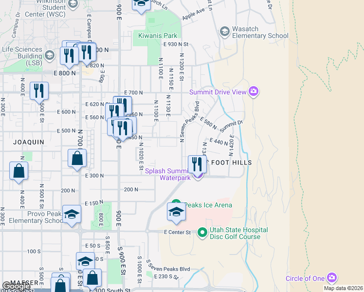 map of restaurants, bars, coffee shops, grocery stores, and more near 418 North 7 Peaks Boulevard in Provo