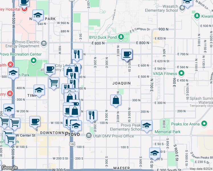 map of restaurants, bars, coffee shops, grocery stores, and more near 260 East 400 North in Provo