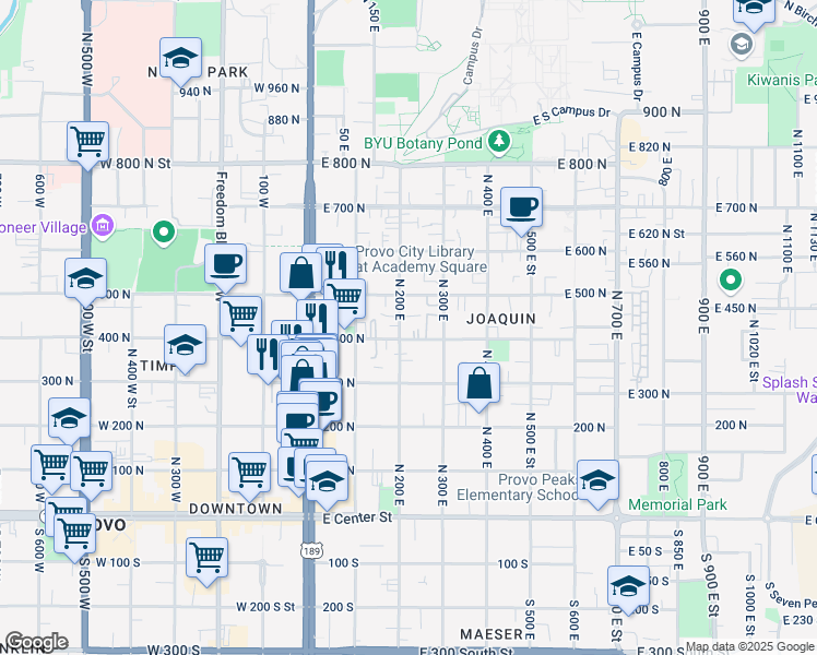 map of restaurants, bars, coffee shops, grocery stores, and more near 387 North 200 East in Provo