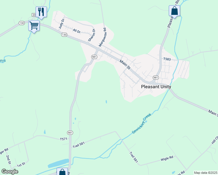map of restaurants, bars, coffee shops, grocery stores, and more near 2090 Pennsylvania 130 in Pleasant Unity