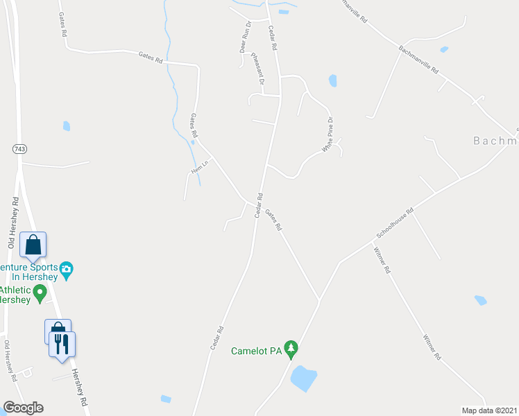 map of restaurants, bars, coffee shops, grocery stores, and more near 133 Gates Road in Hershey