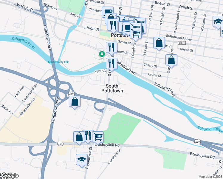 map of restaurants, bars, coffee shops, grocery stores, and more near in South Pottstown
