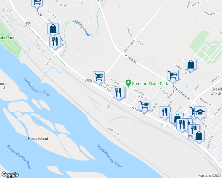 map of restaurants, bars, coffee shops, grocery stores, and more near 736 North 2nd Street in Steelton