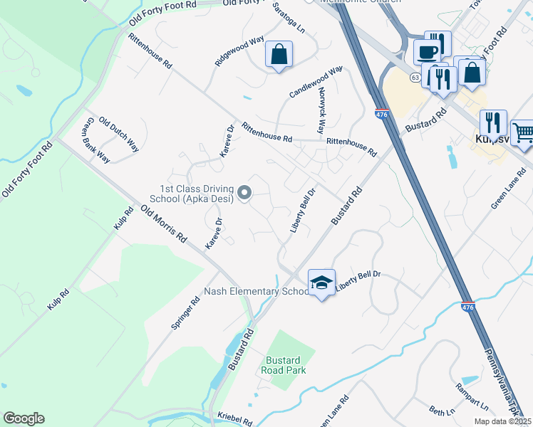 map of restaurants, bars, coffee shops, grocery stores, and more near 201 Continental Drive in Harleysville