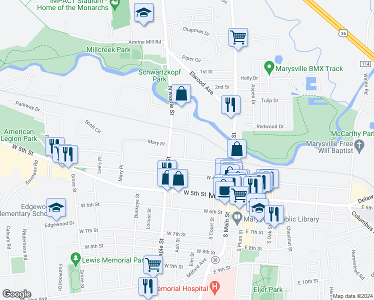 map of restaurants, bars, coffee shops, grocery stores, and more near 320 Sycamore Street in Marysville