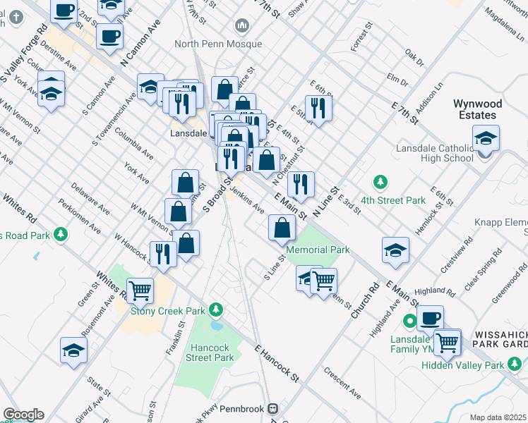 map of restaurants, bars, coffee shops, grocery stores, and more near 100 Jenkins Avenue in Lansdale