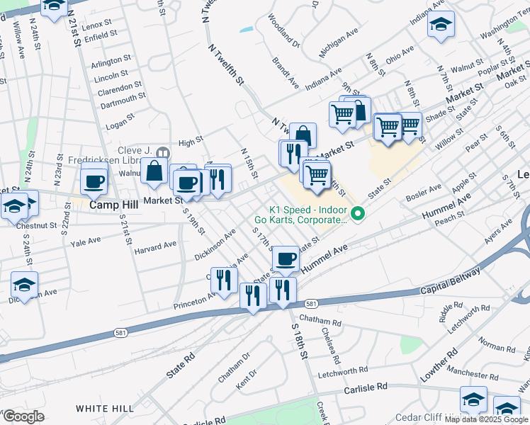 map of restaurants, bars, coffee shops, grocery stores, and more near 108 South 16th Street in Camp Hill