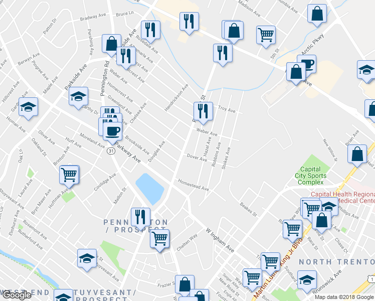 map of restaurants, bars, coffee shops, grocery stores, and more near 1108 Prospect Street in Trenton