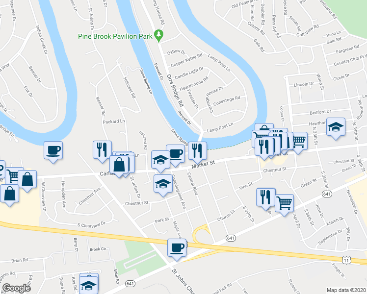 map of restaurants, bars, coffee shops, grocery stores, and more near 3 Stone Spring Lane in Camp Hill