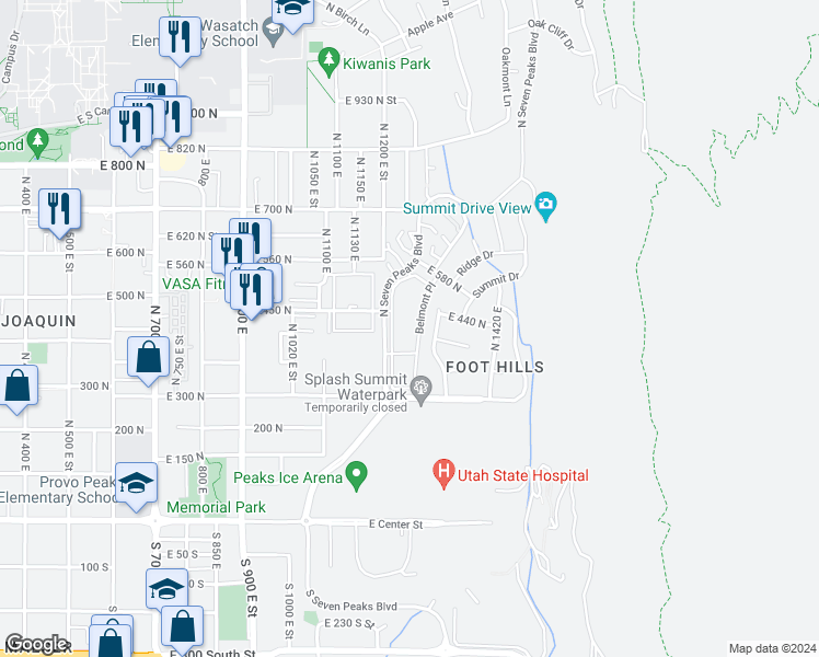 map of restaurants, bars, coffee shops, grocery stores, and more near 421 Belmont Place in Provo
