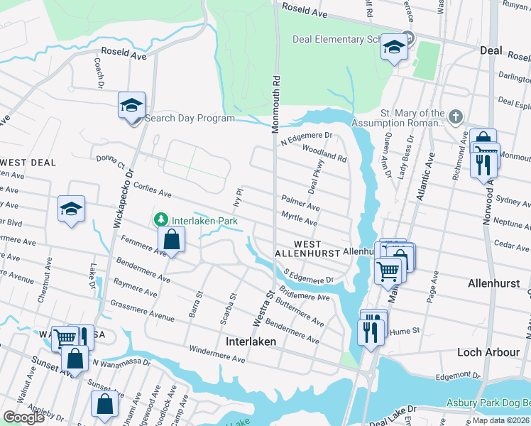 map of restaurants, bars, coffee shops, grocery stores, and more near 708 Corlies Avenue in Allenhurst