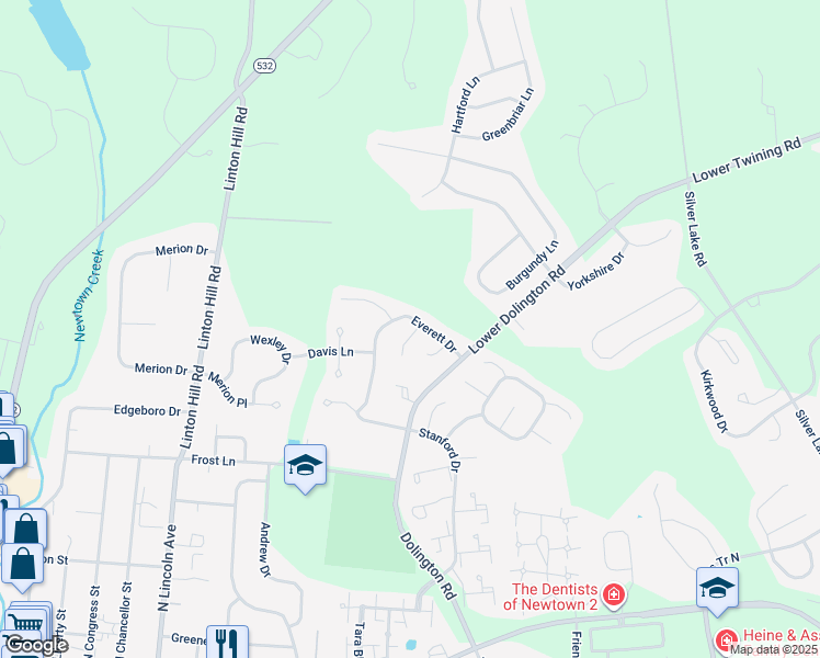 map of restaurants, bars, coffee shops, grocery stores, and more near 62 Eaton Court in Newtown