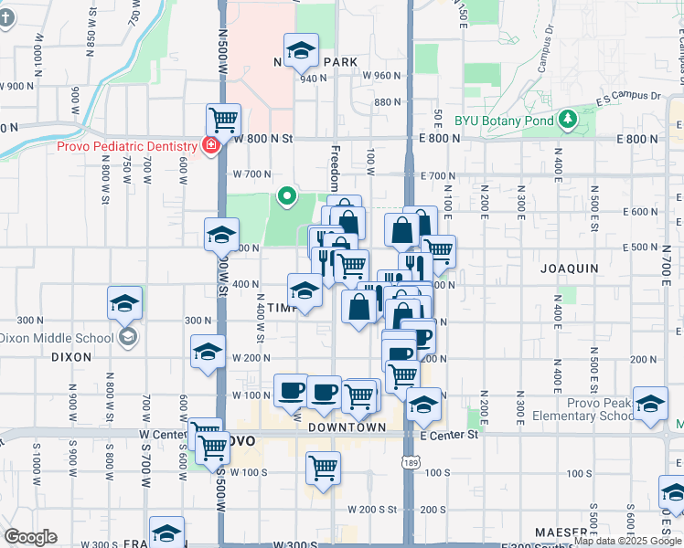 map of restaurants, bars, coffee shops, grocery stores, and more near 156 400 North in Provo