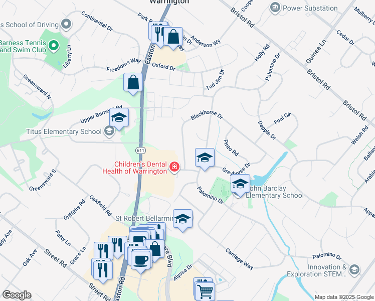 map of restaurants, bars, coffee shops, grocery stores, and more near 2256 Blackhorse Drive in Warrington