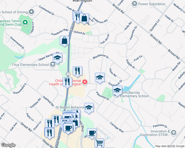map of restaurants, bars, coffee shops, grocery stores, and more near 2256 Blackhorse Drive in Warrington