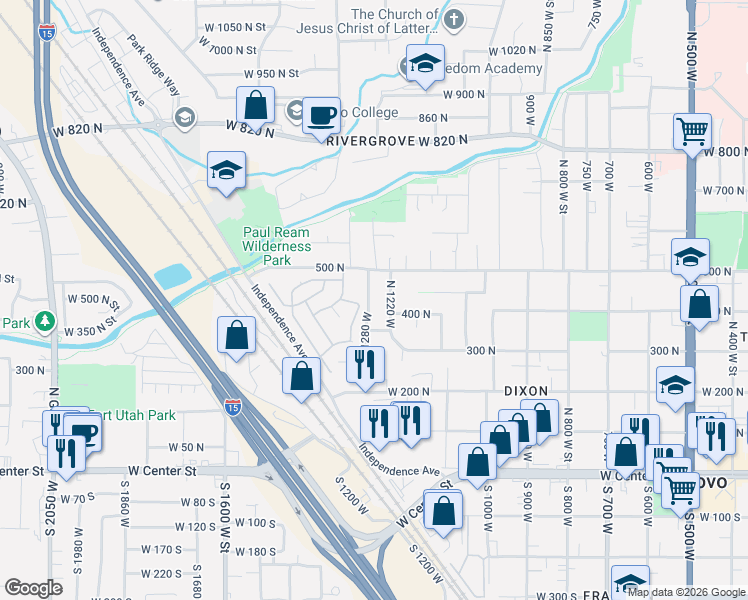 map of restaurants, bars, coffee shops, grocery stores, and more near 422 1280 West in Provo