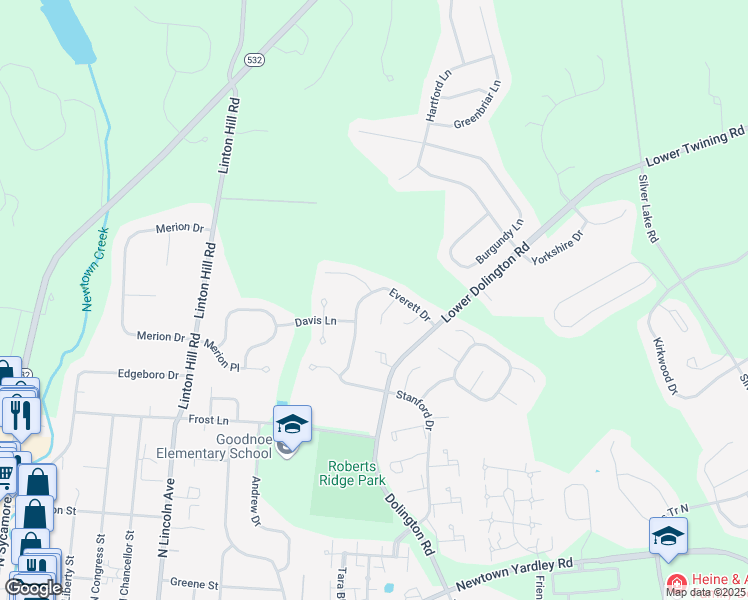 map of restaurants, bars, coffee shops, grocery stores, and more near 82 Everett Drive in Newtown
