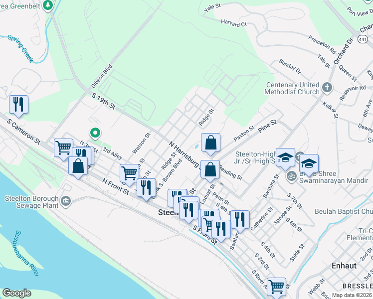 map of restaurants, bars, coffee shops, grocery stores, and more near in Steelton