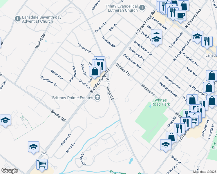 map of restaurants, bars, coffee shops, grocery stores, and more near Allentown Road in Lansdale