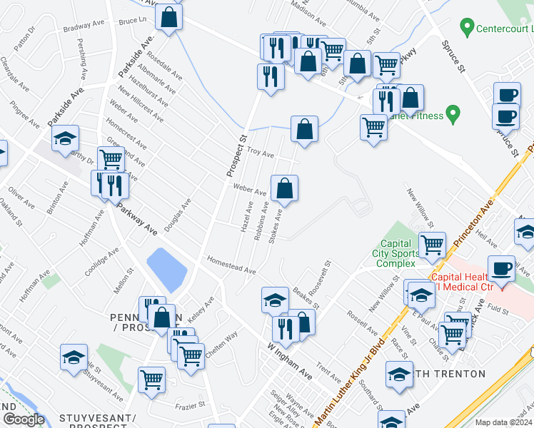 map of restaurants, bars, coffee shops, grocery stores, and more near 222 Robbins Avenue in Ewing Township