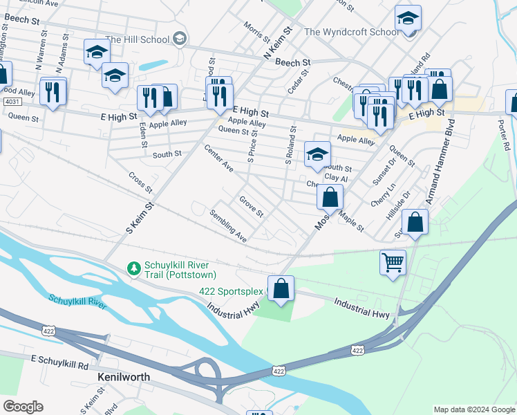 map of restaurants, bars, coffee shops, grocery stores, and more near 1145 Grove Street in Pottstown