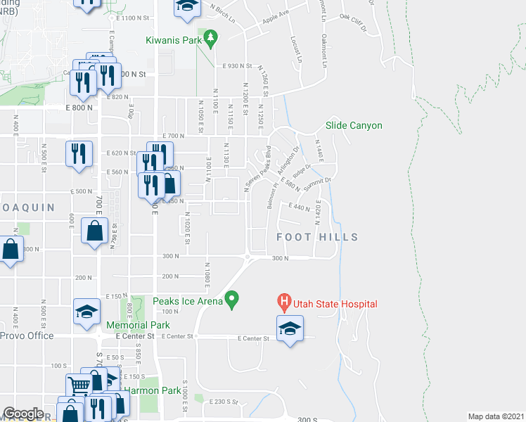 map of restaurants, bars, coffee shops, grocery stores, and more near 391 North 1340 East in Provo