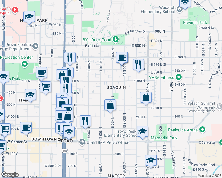 map of restaurants, bars, coffee shops, grocery stores, and more near 353 East 400 North in Provo