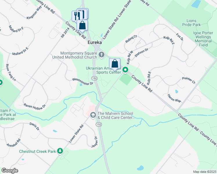 map of restaurants, bars, coffee shops, grocery stores, and more near Birch Street in Lansdale
