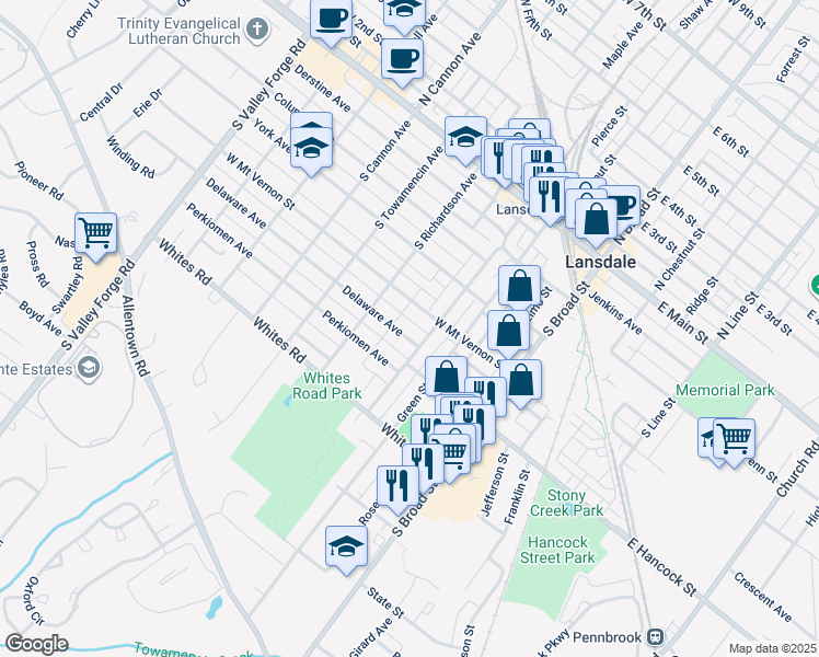 map of restaurants, bars, coffee shops, grocery stores, and more near 301 Delaware Avenue in Lansdale