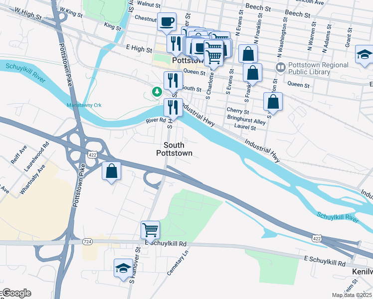 map of restaurants, bars, coffee shops, grocery stores, and more near 133 East Main Street in Pottstown