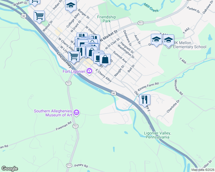 map of restaurants, bars, coffee shops, grocery stores, and more near 319 East Loyalhanna Street in Ligonier