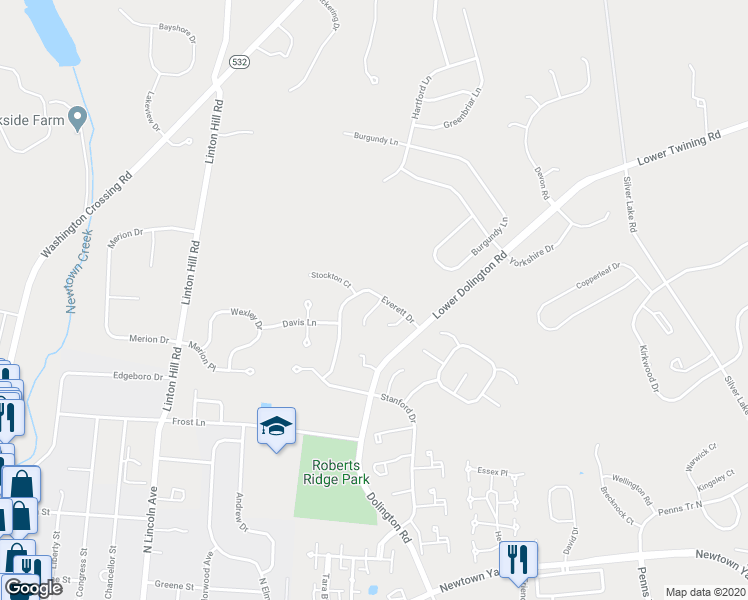 map of restaurants, bars, coffee shops, grocery stores, and more near 63 Eaton Court in Newtown