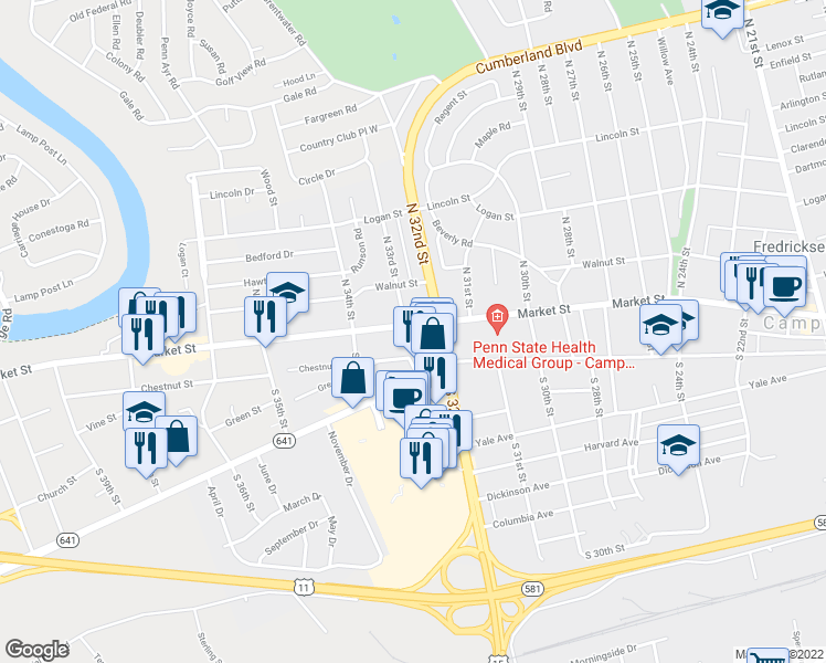 map of restaurants, bars, coffee shops, grocery stores, and more near 3223 Market Street in Camp Hill